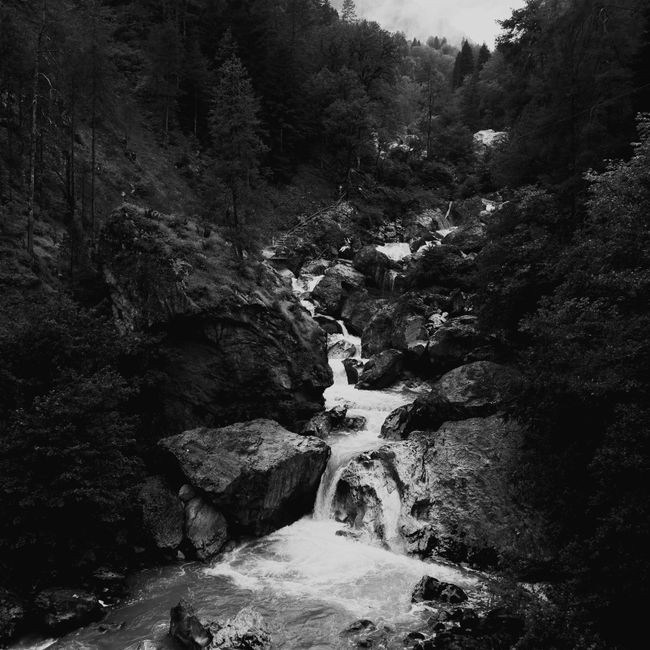 Black and white photo of a waterfall cascading through a lush forest landscape.