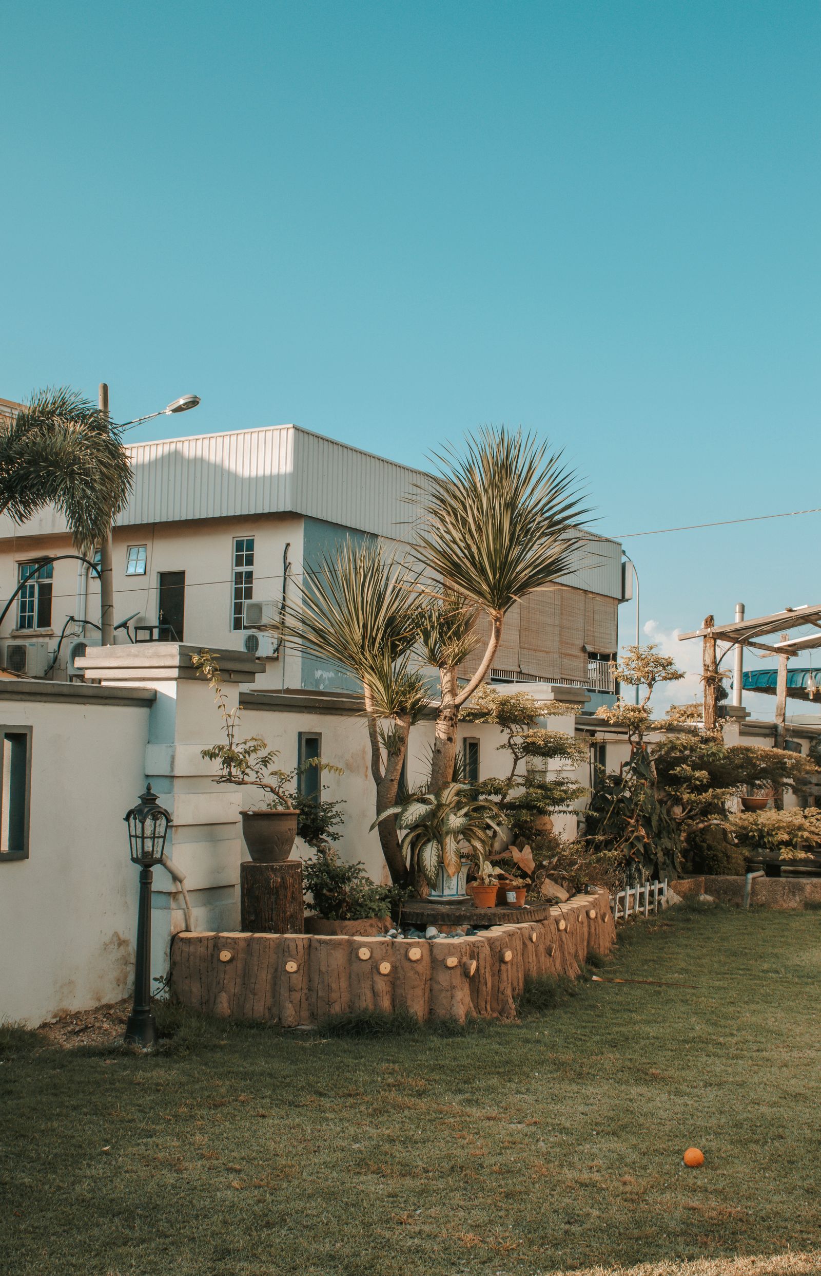Low single-storey homes set around a planted garden under a clear sky — photo by Raymond Ma Yi Rong on Pexels