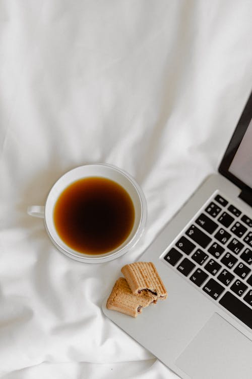 Free Biscuits and a Cup of Coffee Beside the Laptop  Stock Photo