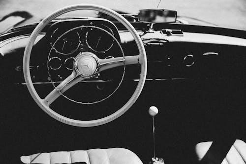 Grayscale Photo of a Classic Steering Wheel