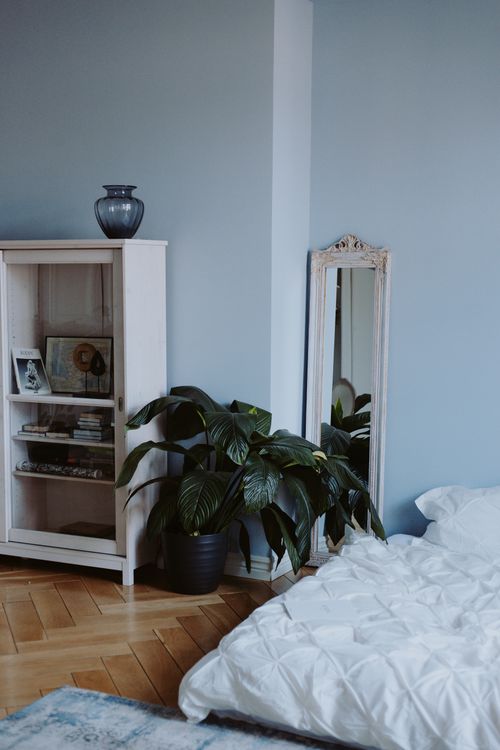 Free Modern minimalist bedroom featuring a mirror, potted plant, and wooden cabinet for interior design inspiration. Stock Photo