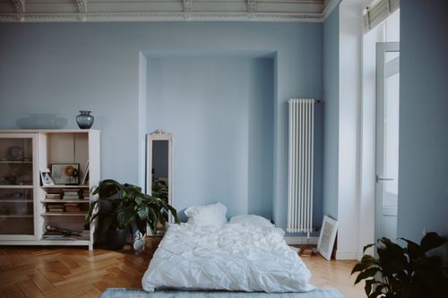 Free Spacious minimalist bedroom featuring wooden flooring, indoor plants, and abundant natural light. Stock Photo
