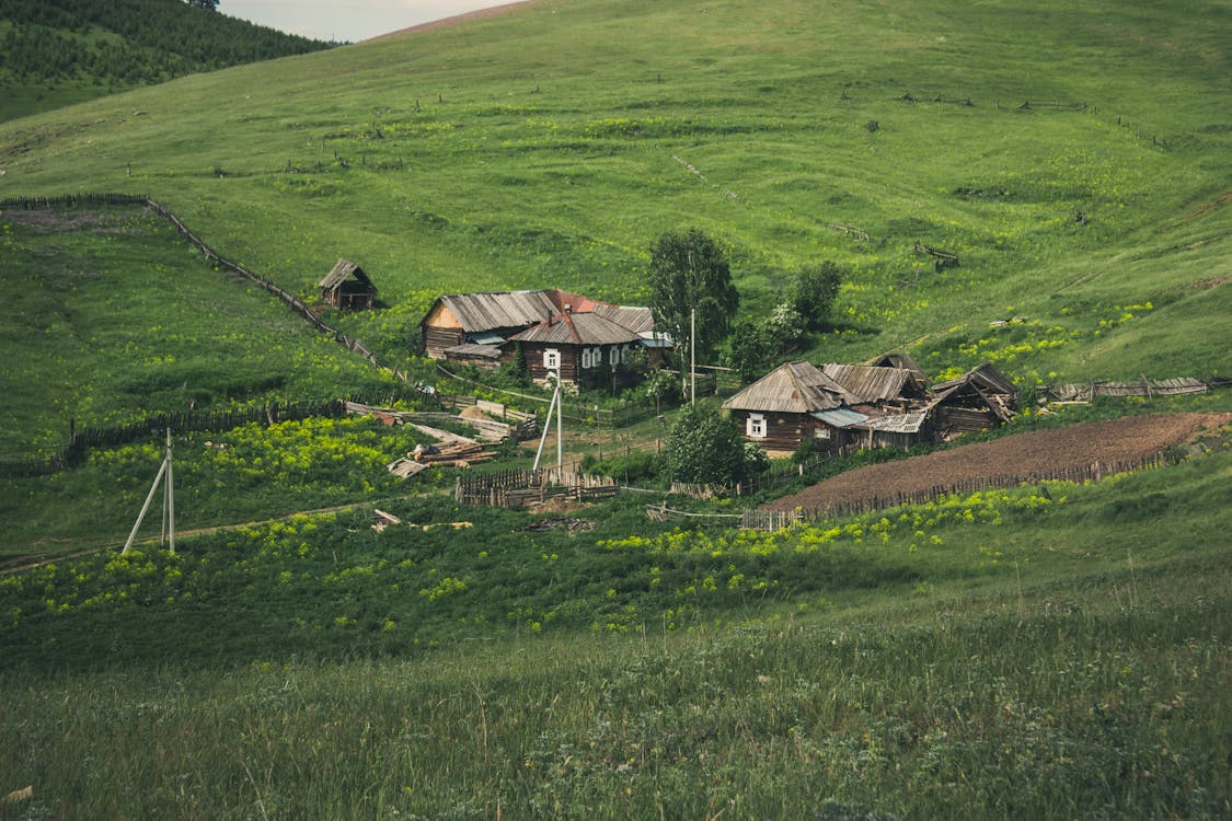 A Hilly Agricultural Land with Wooden Houses