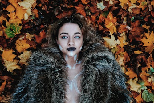 Free Woman in Black Fur Coat Laying on Brown Maple Leaves Stock Photo