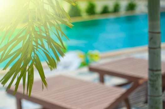 Blurred view of a resort poolside area with palm leaves and sunlight creating a tropical atmosphere.