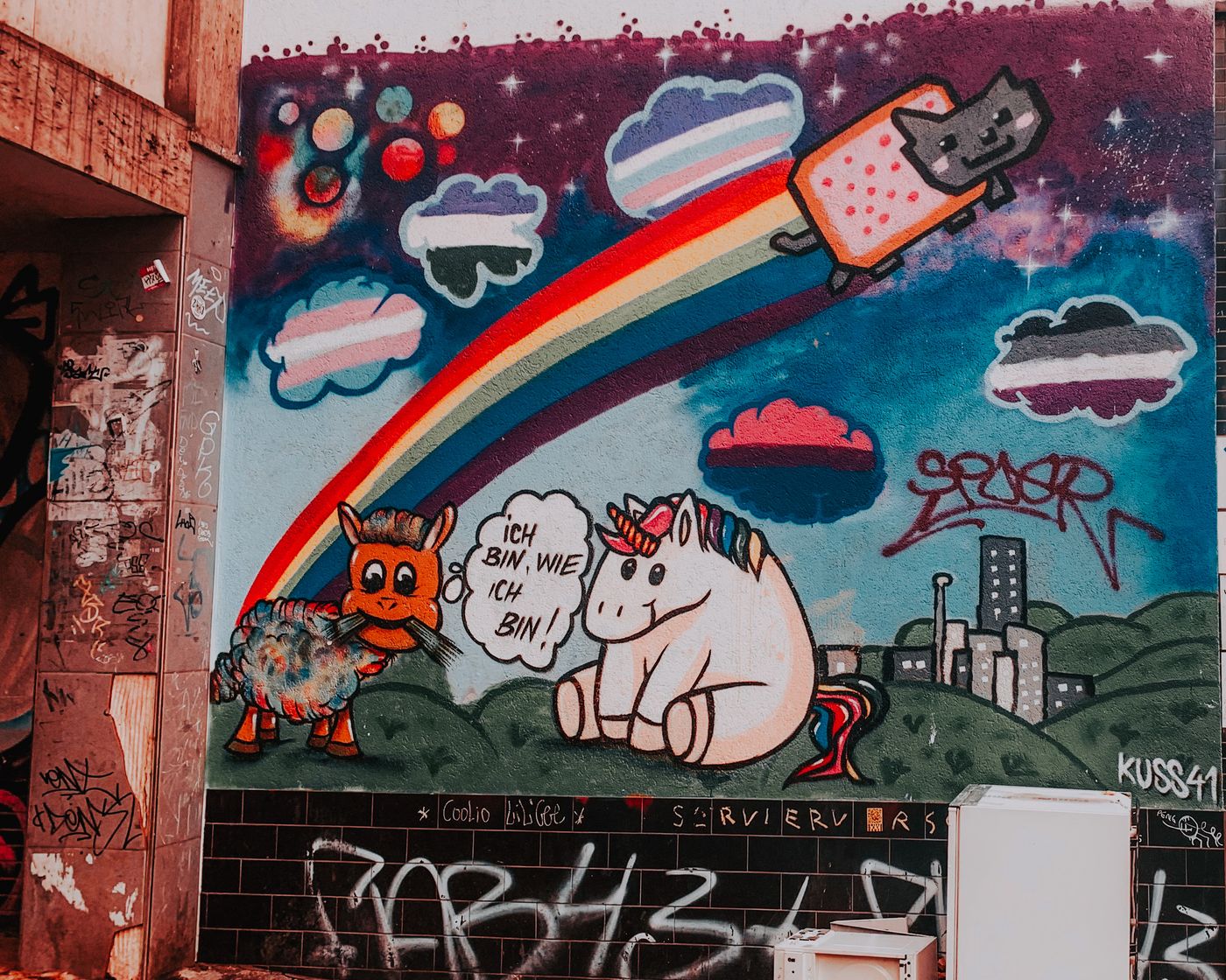 Colourful cartoon character mural — photo by Diana on Pexels