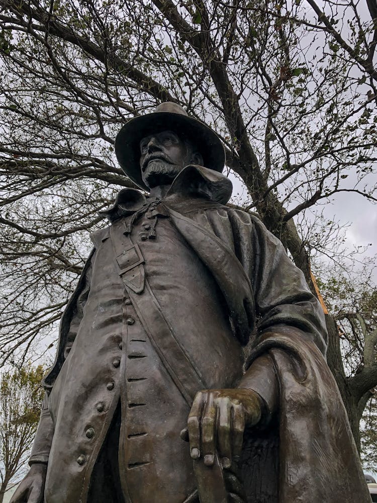 Low Angle Shot Of The William Bradford Statue In Plymouth Massachusetts