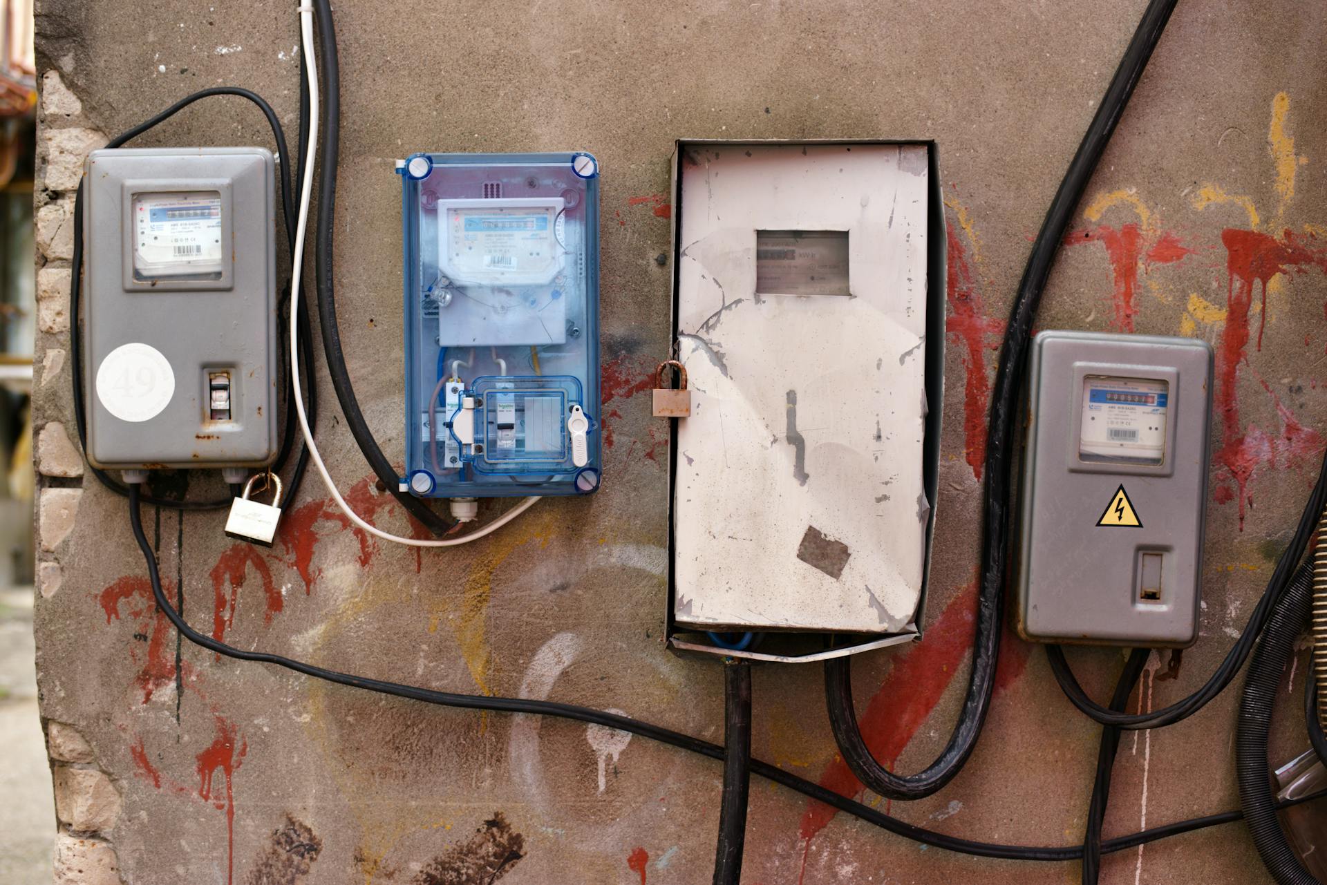 Electrical meters attached to a graffiti-covered wall showcasing utility infrastructure.