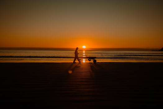 Silhouette of a man walking with a wheelbarrow on a beach during a stunning sunset, creating a warm, serene scene.