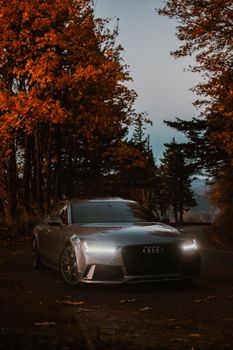 A silver luxury car with headlights on, driving through a scenic autumn road lined with colorful trees at twilight.