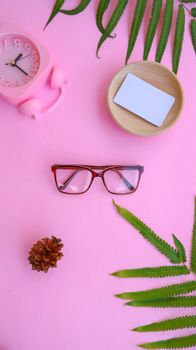 Flat lay of eyeglasses, clock, and leaves on a pink background, perfect for lifestyle and decor themes.
