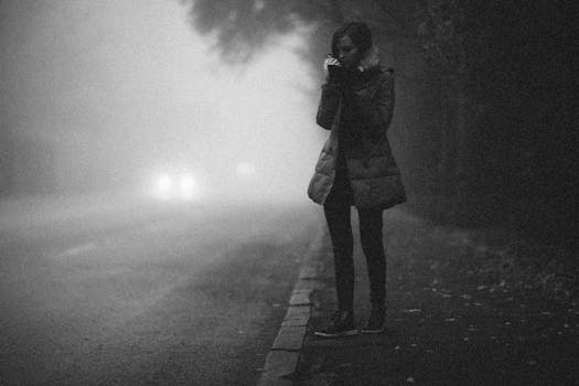 A woman stands in a foggy street illuminated by distant headlights.