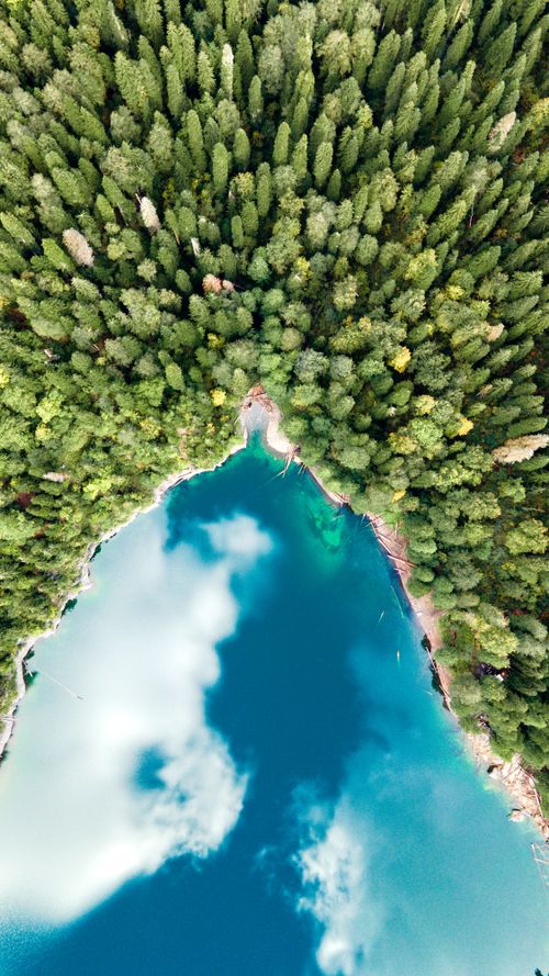 Free Stunning aerial photo of a lush forest surrounding a calm lake with vibrant cloud reflections. Stock Photo