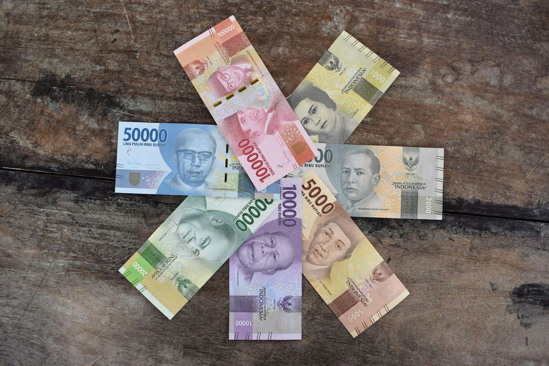 Colorful Indonesian Rupiah banknotes arranged on a wooden surface, showcasing different denominations.