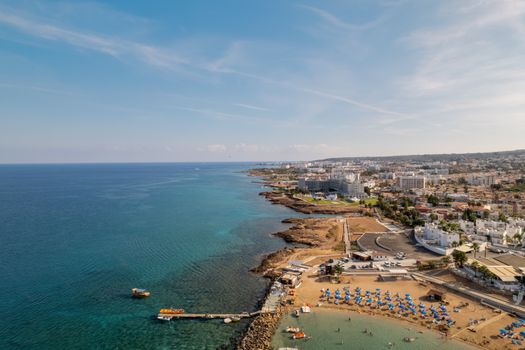 Stunning aerial view of Pernera beach and coastline in Cyprus during summer.