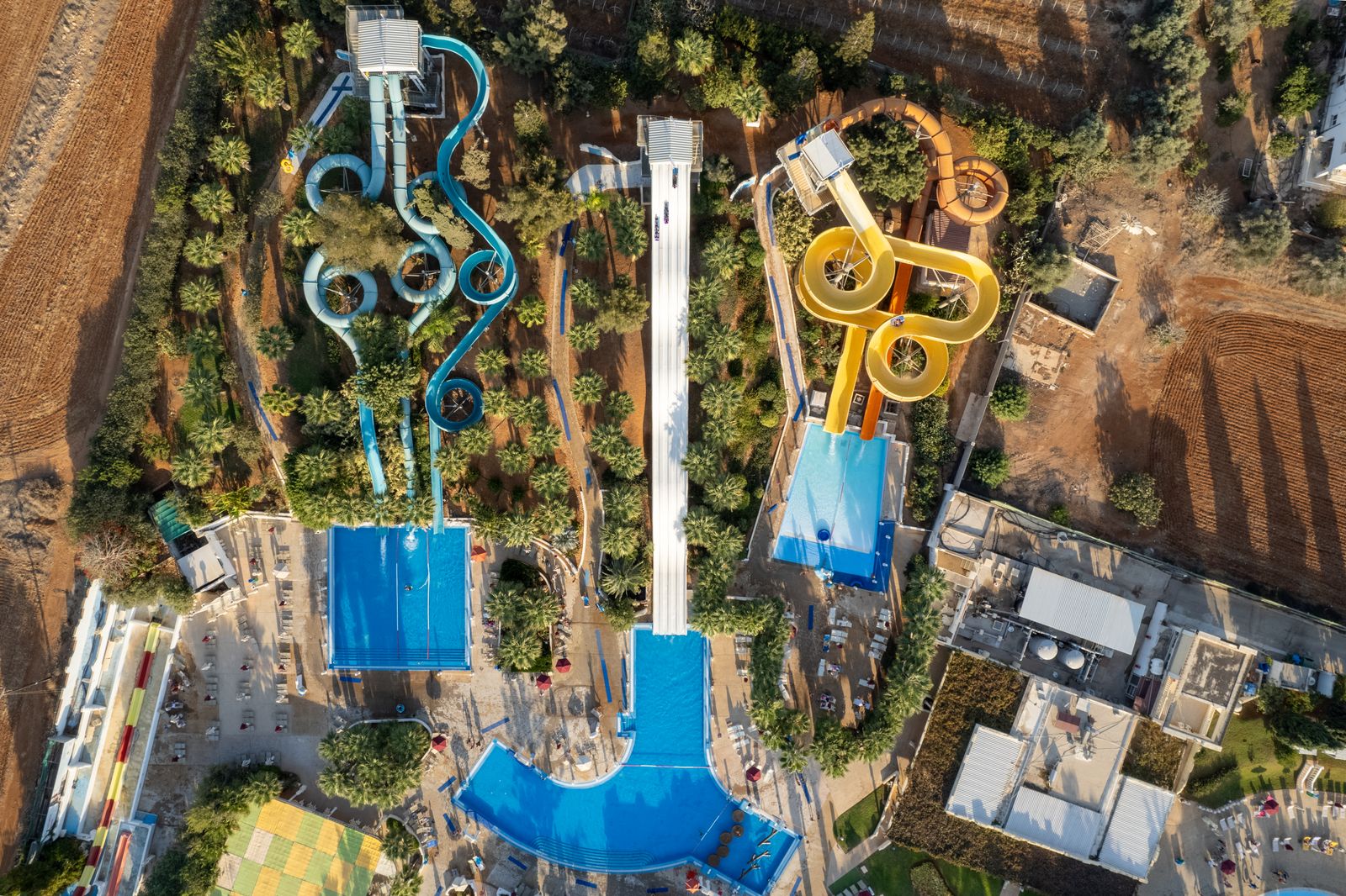 Aerial view of water slides and pools at a holiday waterpark