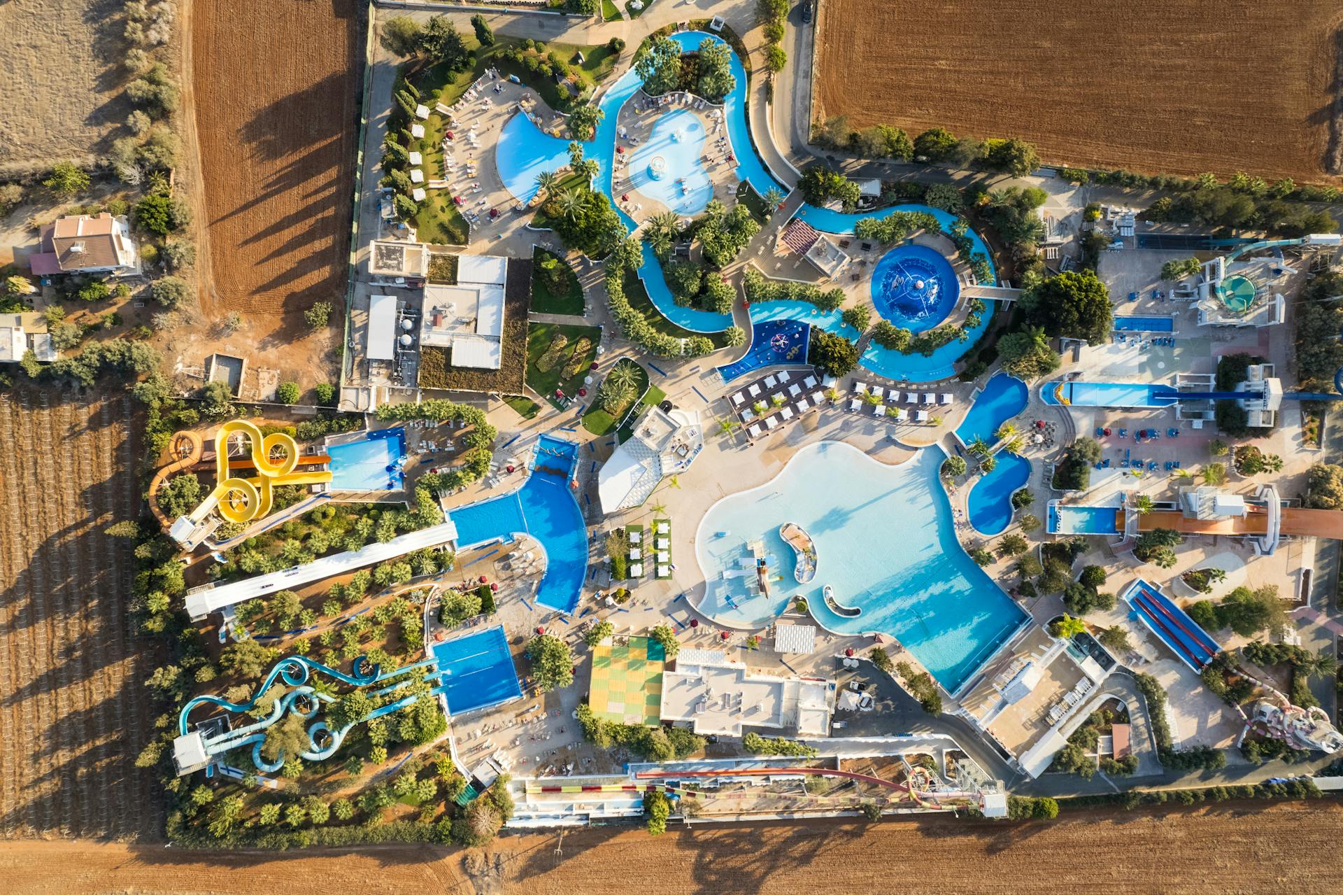 Drone Shot of WaterWorld Themed Waterpark in Ayia Napa