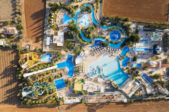Drone Shot of WaterWorld Themed Waterpark in Ayia Napa