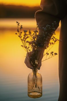 A serene silhouette of a hand holding a bottle with wildflowers against a warm sunset backdrop.
