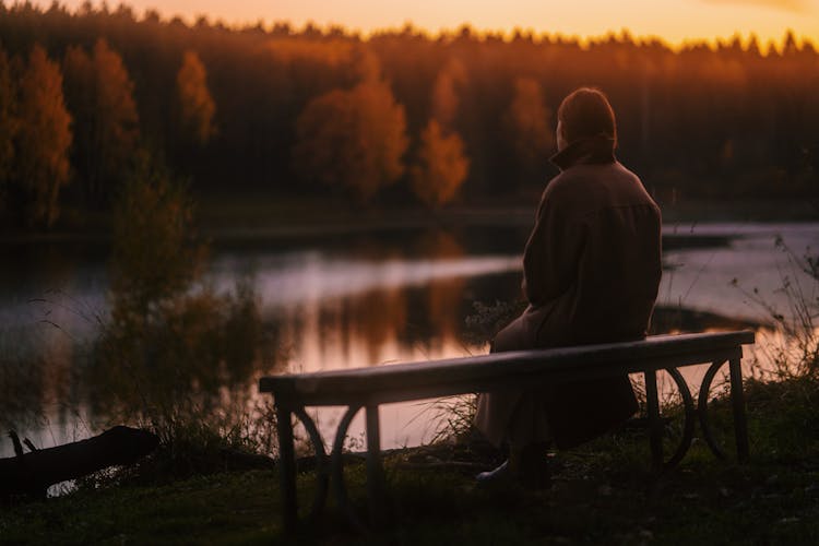 Rear View Of Woman Sitting On Bench At Lake