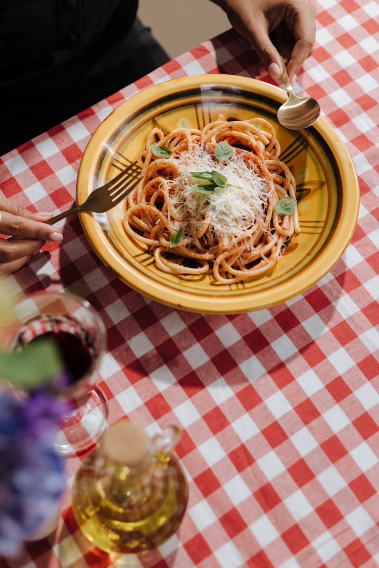 Plate Of Spaghetti Bolognese On Dining Table