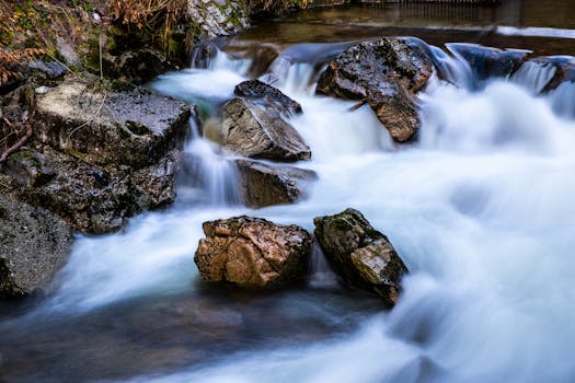 Beautiful long exposure of a gentle waterfall cascading over rocks in a serene natural setting.