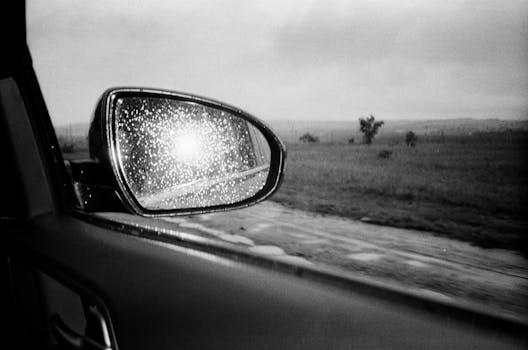 Side mirror reflection with raindrops capturing a serene road scene in black and white.