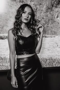 Striking black and white portrait of a stylish woman wearing a leather outfit, enhancing glamour.