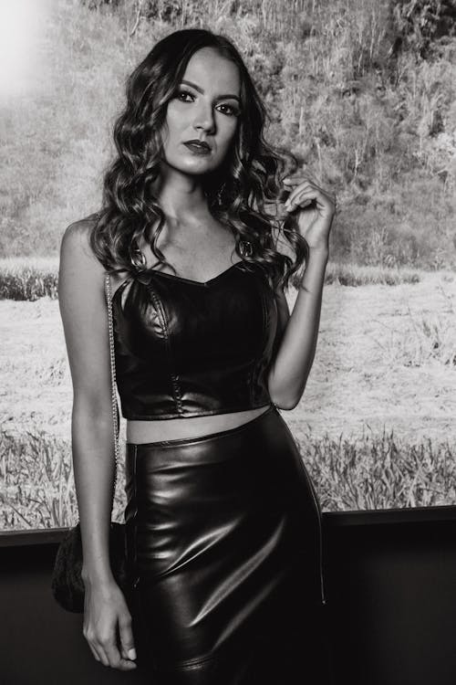 Monochrome Photography of Woman Wearing Black Leather Strapless Crop Top and Black Pencil Skirt