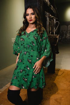 一位时尚女士身着图案繁复的绿色连衣裙，自信摆姿，尽显优雅