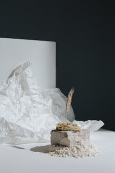 Artistic display of wheat, flour, and pasta on white surface with crumpled paper backdrop.