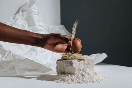Free A creative arrangement of pasta, egg, and wheat captured in an artistic close-up. Stock Photo