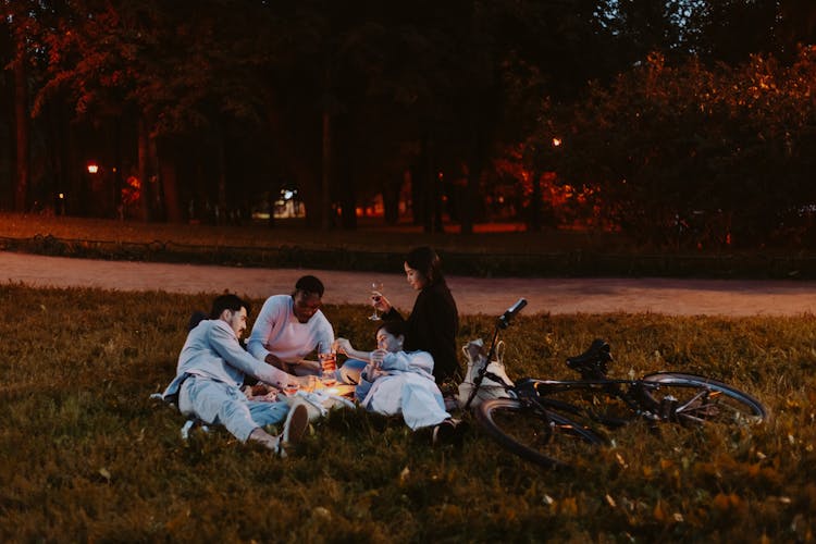 Friends Sitting On Picnic At Park In Evening