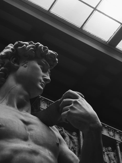 Free Black and white low angle shot of Michelangelo's statue David, showcasing intricate details. Stock Photo