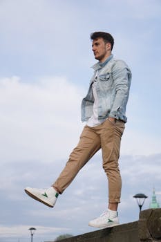 Young man in denim jacket and white sneakers standing outdoors in Kraków.