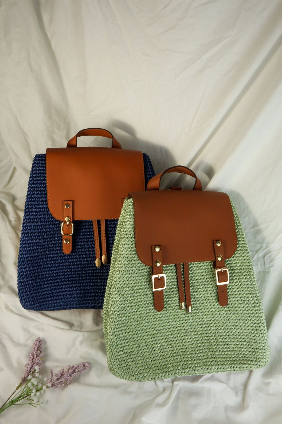Leather-Strap Crochet Backpack