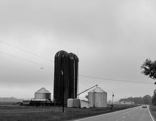 Grayscale Photo of Stave SIlos
