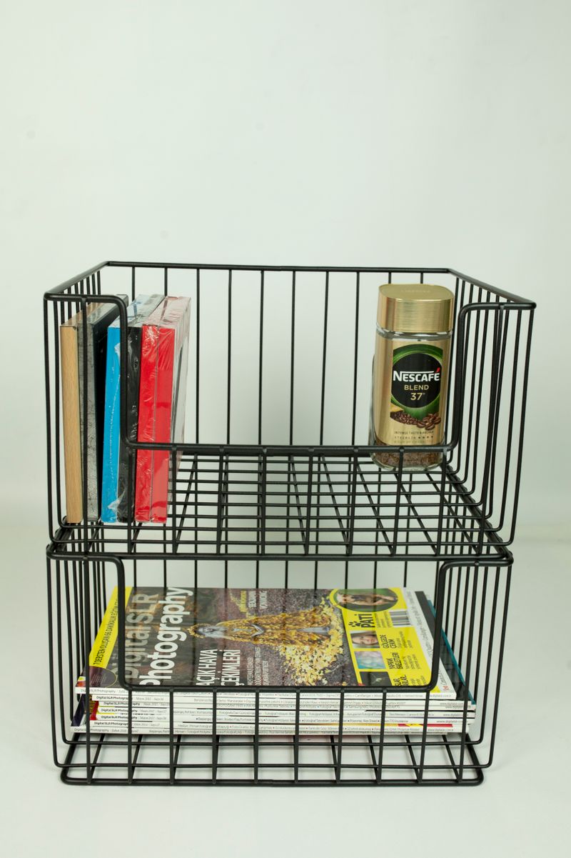 Wire storage rack with books and magazines for home organization