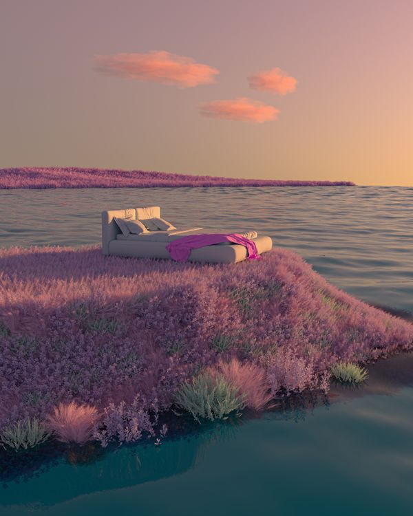 Bed on a floating island at dusk, render by Mo Eid on Pexels