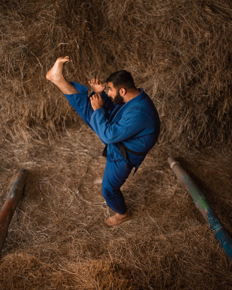 Man Practicing Martial Arts In Hay