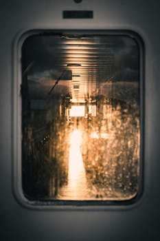 Moody interior view of a ferry hallway at sunrise, captured through a glass window.