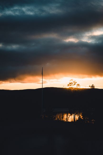 Capture of a stunning sunrise with silhouetted trees over a Norwegian landscape.
