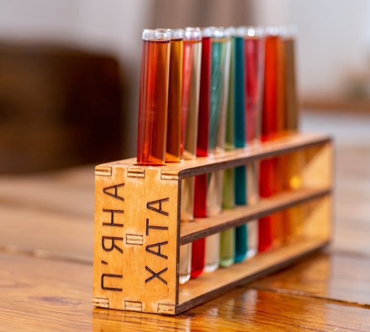 Test Tubes In A Wooden Test Tube Rack