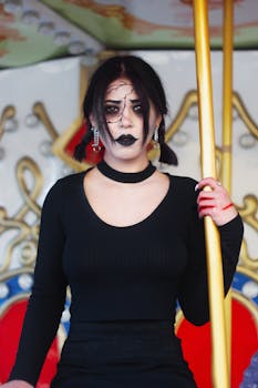A woman with gothic makeup stands on a vibrant carousel, embodying a Halloween spirit.