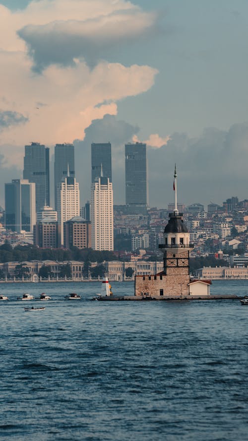 Maidens Tower and Skyscrapers in the Background, Istanbul, Turkey 