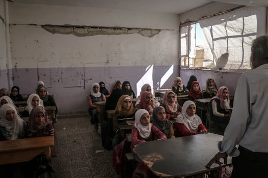 Female students in a classroom in Idlib, Syria, receiving education despite challenging conditions.