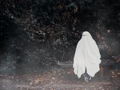A person in a ghost costume with glasses sitting on a bench in a misty, wooded area.