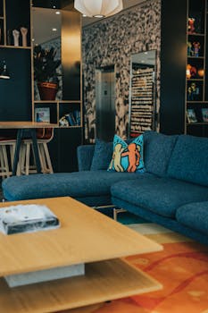 Stylish modern living room interior with blue sofa and orange accents showcasing contemporary design.