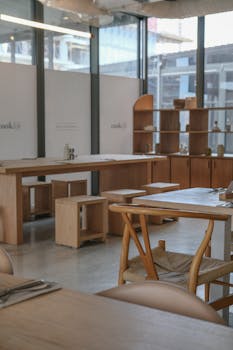 Modern café interior featuring minimalist wooden furniture and natural lighting.
