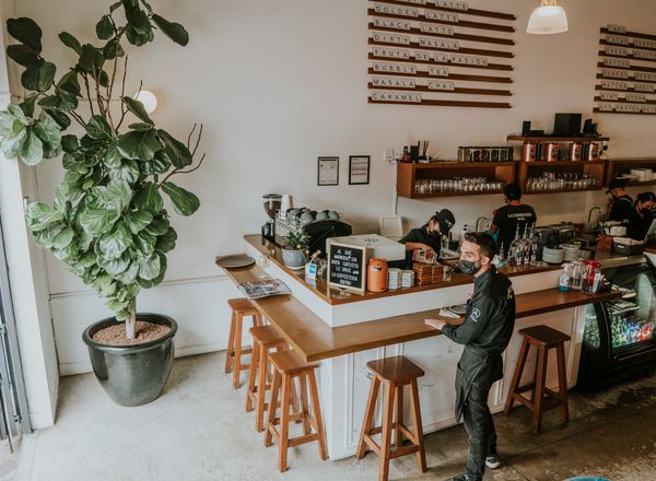 Café counter with coffee equipment